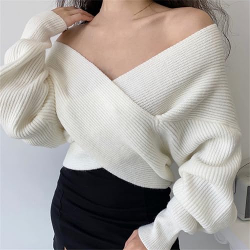 Women White V-Neck Knitted Sweater Long Sleeve Sexy Pullover Jumper Knit Tops3