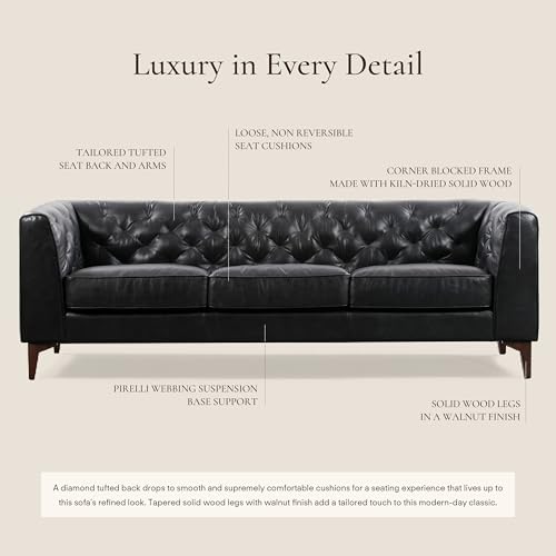 Image of POLY & BARK Essex 89 inch Full-Grain Italian Leather Sofa - Tufted Back, Feather-Down Comfort, Solid Wood Frame, Onyx Black