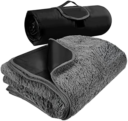 Tirrinia Outdoors Waterproof Blanket, 59”x 79” Sherpa Fleece Stadium Windproof Throw Mat for Boat, Traveling, Camping, Hiking, Football - Machine Washable, Black