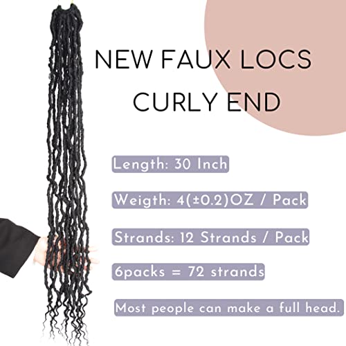 Bohobabe 30 Inch New Faux Locs With Curly End 6 Packs Soft Locs Crochet Hair 72 Strands Long Natural Black Crochet Wavy Locs (6Packs,1B) #TOP2
