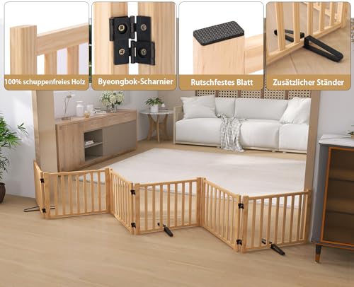 Pshelfy Lackfreies Naturholz-Hundeabsperrgitter, 6-teilig faltbar & 360° drehbar – Sicher als Welpen- und Kinderschutzgitter für Tür, Treppe, Flur (BxH: 351 x 58 cm, Natur, Unbehandelt)