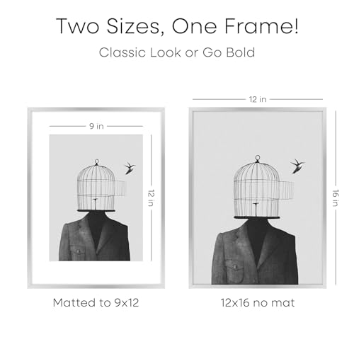 Image of Homeforia 12 x 16 Picture Frame Silver, High End Metal 12x16 Poster Frames with Mat 9x12 Photo, 12 x 16 Silver Frame Matted to 9 x 12 in Print, 16by12 Hanging Frame, Tempered Glass, Wall Kit, Set of 1