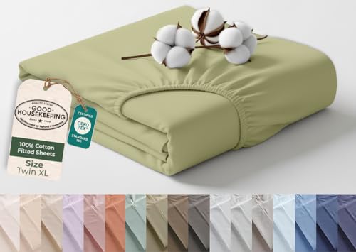 Image of Royale Linens 100% Organic Cotton Twin XL Fitted Sheet Only - Percale Weave - Super Soft Deep Pocket Bottom Sheets - Sage Green Elastic Sheet - Twin XL Fitted Sheets Only - (39 inchx80 inch+15 inch, Sage Green)