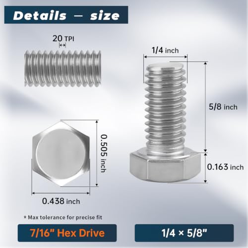 Image of 10 Sets Glvaner 1 /4-20 x 5 /8 inch Stainless Steel Hex Head Screws Bolts, Nuts, Flat & Lock Washers, 18-8 (304) Stainless Steel, Full Thread, Coarse Thread