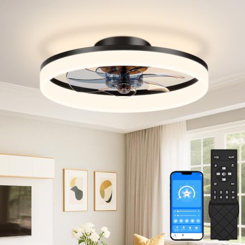 Image of VOLISUN Low Profile Ceiling Fans with Lights and Remote, 16in Fandelier Ceiling Fan Flush Mount, 3000K-6500K Smart Bladeless LED Fan Light, Black Modern Ceiling Fans with Lights for Bedroom