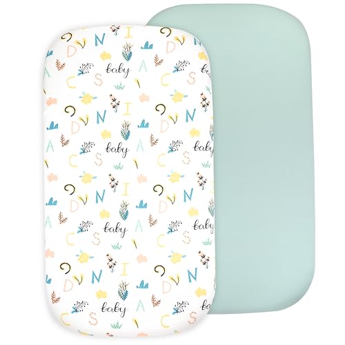 Image of 2-Pack Organic Fitted Bassinet Sheets, Compatible with Halo, Snoo, Graco, Dream On Me, Delta, and Other Standard Size Bassinets - Fits Oval, Hourglass, & Rectangle Shapes (Size 32 x 16 x 4 Inches)