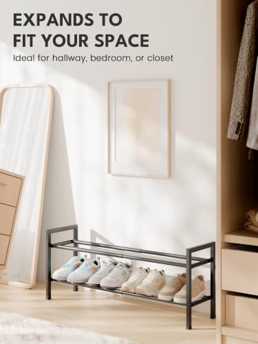 Image of Bumusty 2 Tier Expandable Shoe Rack for Closet, 18 inch-33 inch Adjustable Shoe Rack for Small Space, Small Shoe Organizer for Front Door, Sturdy Metal, Black