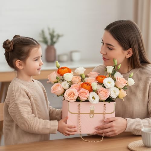 12 Pack Flower Paper Gift Bag, Bouquet Storage Bucket Box Paper Flower Handbag Box with Metal Chain Rectangle Mother's Day Flower Bags for Bouquets Wedding Flower Graduation Supplies, Black White Pink by Libemskix - Image 2