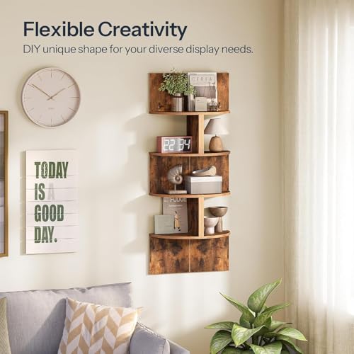 Image of Wooden Corner Shelf Wall-Mounted, Set of 2 Floating Corner Shelves for Wall, 4-Tier Corner Bookshelves for Living Room, Bedroom, Bathroom, Home Office (Brown Finish)