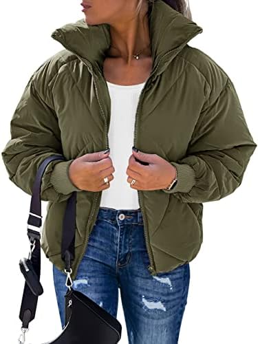 MEROKEETY Women's Long Sleeve Zipper Puffer Jacket Winter Quilted Short Down Coat with Pockets,Green,M
