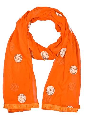 Image of YOUTHQUAKE Golden Floral Embroidery Work Chiffon Dupatta for Womens & Girls with Fancy Moti Lace