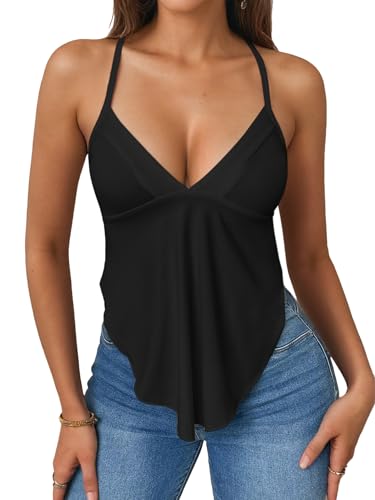 Womens Tie Back Tank Tops Criss Cross Deep V Neck Spaghetti Strap Sexy Backless Cami Tanks Going Out Trendy Top