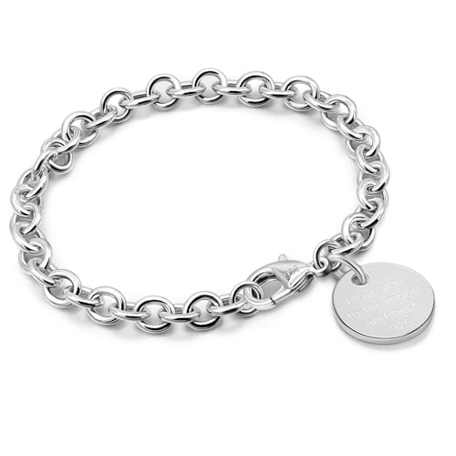 Dankadi Women 925 Sterling Silver Round Cable Wire Link Bracelet Charm Heart-Bell-Square-Circle Pendant Chain Bangle Fine Jewelry Gift For Wife Her (6MM Silver Round Pendant 6.3 in)