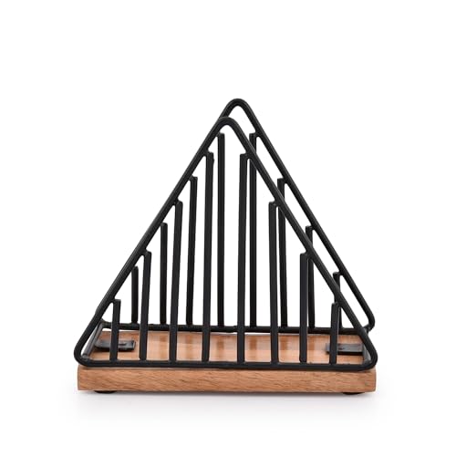 Iron Triangle Design Black Napkin Holder with Mango Wood Base for Tables, Countertop, Kitchen & Dining Room Décor (15.24cm x 7.62cm x 13.97cm) - Cosy Home Interiors Iron Triangle Design Black Napkin Holder with Mango Wood Base for Tables, Countertop, Kitchen & Dining Room Décor (15.24cm x 7.62cm x 13.97cm) - Image 2