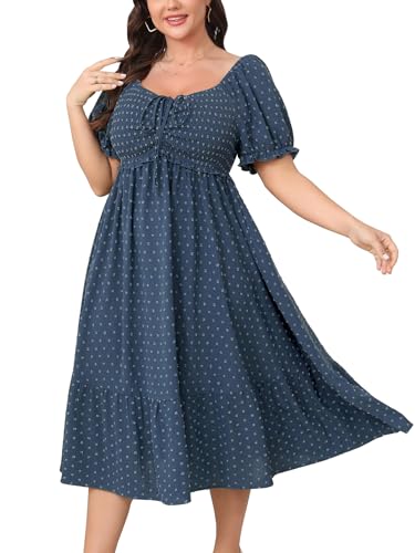 SCOMCHIC Women Plus Size Summer Dress Puff Short Sleeve Smocked Drawstring Ruffle Boho Swiss Dot Casual Midi Dresses