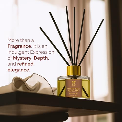 Image of IRIS Aroma Reed Diffuser - 100ml | Elegant Home Fragrance with 6 Fiber Reeds, Glass Round Bottle with Gold Cap | Aroma Diffuser for Cozy Decor & Gifting (Mysterious Mahagony)
