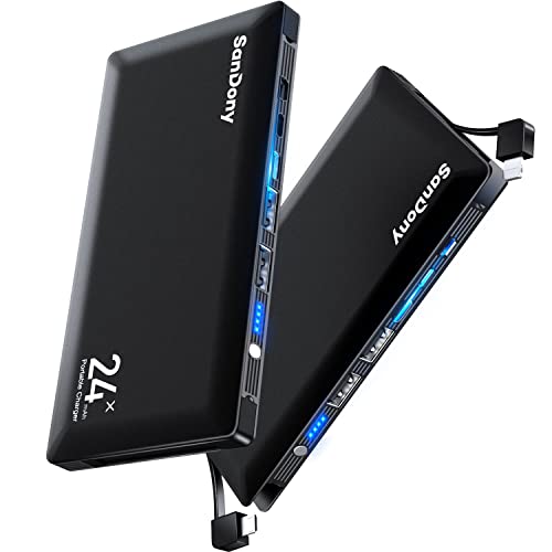 モバイルバッテリー 大容量 24000mAh 超薄型 モバイル バッテリー ケーブル内蔵 4台同時充電 軽量 スマホ 充電器 急速充電 残量表示 携帯バッテリー 持ち運び便利 携帯充電器 コンパクト パワーバンク Lightning+MicroUSB iPhone/iPad/Android対応対応 防災グッズ/旅行/出張/緊急用