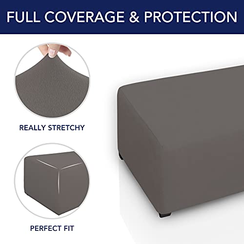 Image of PureFit Stretch Rectangle Ottoman Cover Footstool Cover, Taupe | Fleece Soft Form Fit Ottoman Slipcovers Rectangle Slipcover for Folding Storage with Nonslip Elastic Bottom
