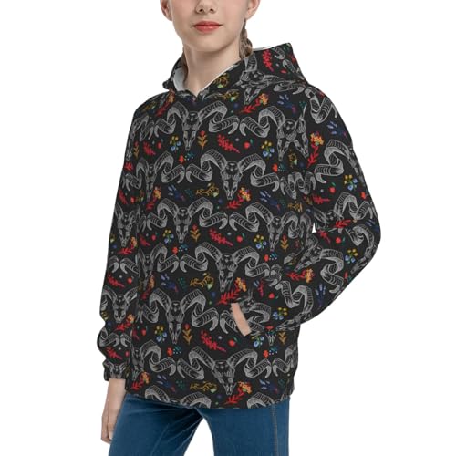 Ram Skull with Flowers Kid Hoodies Boys Sweatshirts Girls Pullover with Pocket2