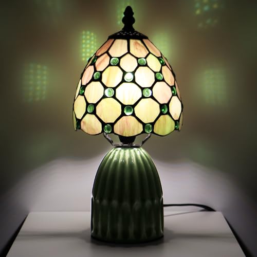 Hand-Made Stained Glass Tiffany Mushroom Table Lamp 12.5in (Amber Green)