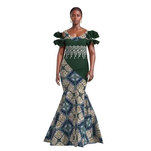 Image of iooiooi Womens Elegant Ankara Maxi Mermaid Dress Lace Decorated African Gowns