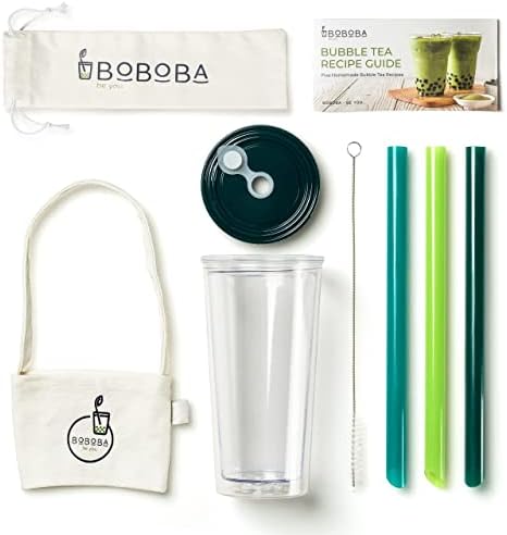 Reusable Boba Cup Travel Set - Complete Boba Kit with Double-Walled Tumbler, Leak-Proof Lid, 3 Wide Straws, Brush, Carrying Bag, and Recipe Book - Ideal for Bubble Tea, Smoothies, Iced Coffee - 20oz