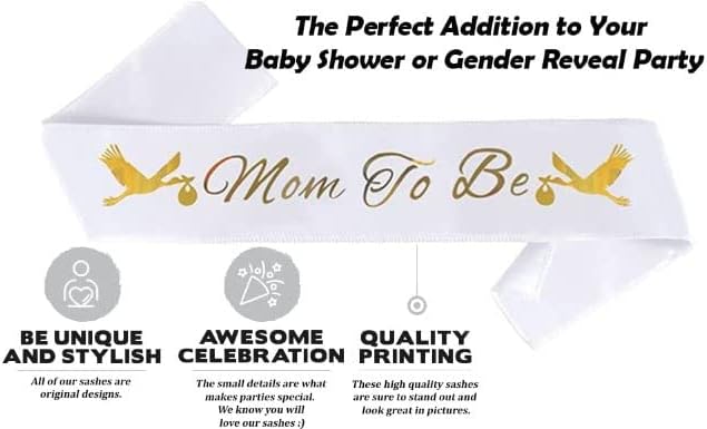 Mom To Be & Dad To Be Baby Shower Sash Bundle - With Cute Stork Image (White & Gold Lettering) Girl Boy Baby Shower Party Decorations, Gifts, Favors, Mommy Supplies Gender Reveal (White) image 4