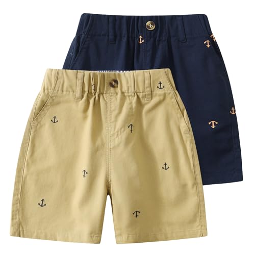 Toddler Boys' Pull On Chino Shorts 2-Pack Soft Breathable Summer Baby Shorts with Pockets Full-Body Anchor Print Sizes 1Y-7Y