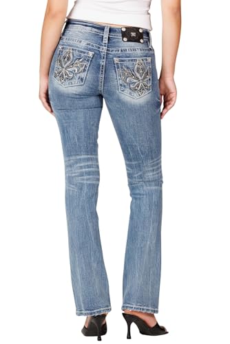 Miss Me Women's Tribal Fleur de Lis Embellished Pockets Mid-Rise Bootcut Jeans