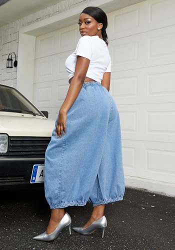 Tbahhir Women's Baggy Jeans Loose Cropped Elastic Waist Denim Pants Barrel Trousers with Pockets3