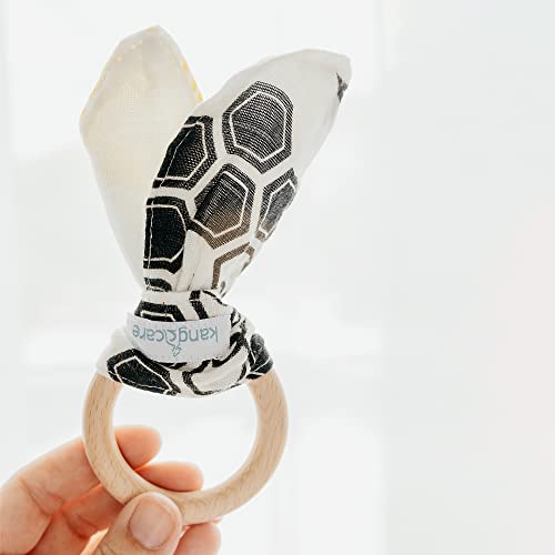 Image of Kanga Care Baby Soft Muslin Sensory Crinkle Bunny Ear Wood Teething Ring - Unity Bees