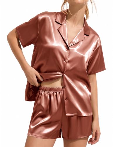 Image of Ekouaer Womens Satin Pajama Set Short Sleeve Sleepwear Button Down Pjs