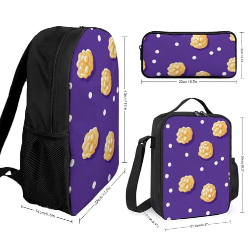 Caramel Popcorn Polka Dot Purple Classic Backpack Lunch Bag Pencil Case 3 Piece Set Travel Daypack2