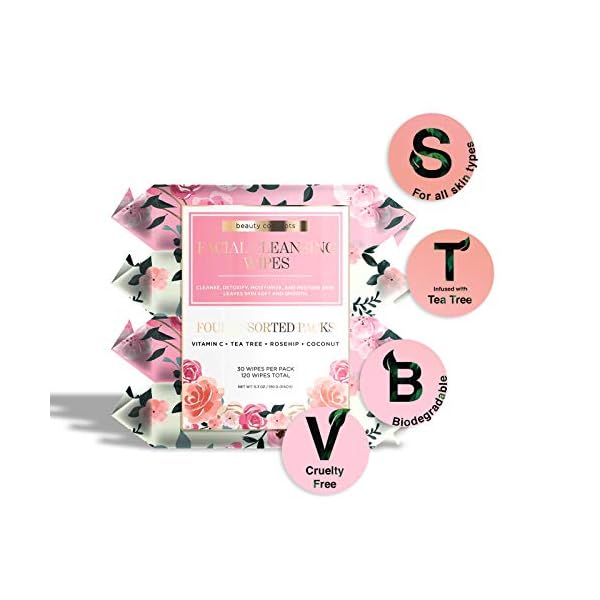 Beauty Concepts Facial Wipe Set- 4 Packs of Face Wipes, Makeup Removing Wipes with Vitamin C, Tea Tree, Rosehip, and Coconut, Sage Floral Package