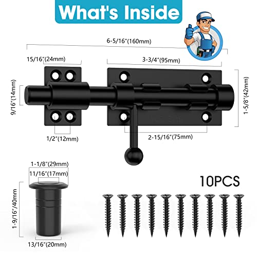 Image of 6.3 Inch Slide Bolt Gate Latch, Barrel Bolt Latch, 2 Pack Black | Heavy Duty Solid 304 Stainless Steel Door Lock for Wooden Fence /Shed /Yard /Barn Door /Interior and Outdoor
