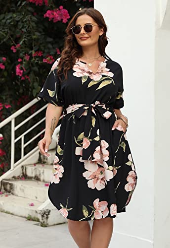 Nemidor Plus Size Casual Dresses for Curvy Women Summer Boho Floral Print Swing Midi Dress with Pockets 14-263