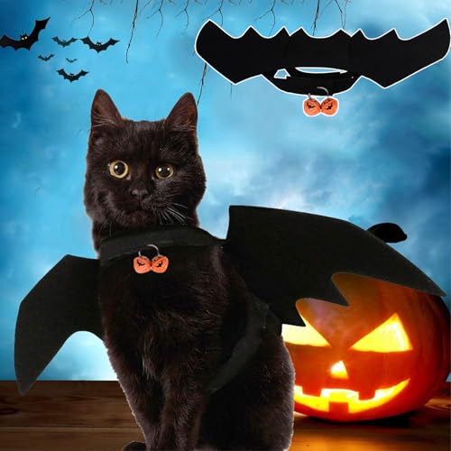 Halloween Kostüm Katze Fledermaus Flügel,Haustier Katzen Kleidung Fledermausflügel Costume,Pet Cat Bat Wings Kostüme Schwarze Katzenkostüm mit Kürbisglocken,für Haustiere Kitten Cats Cosplay Clothing