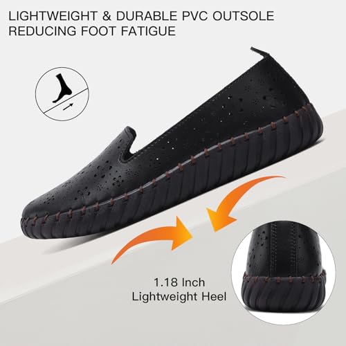 Image of Women's Summer Slip On Loafers, Breathable Perforated Hollow Cutout Flats, Comfortable Vegan Leather Walking Work Shoes for Women, Heart Floral Geometric Pattern Soft Sole Casual Summer Footwear