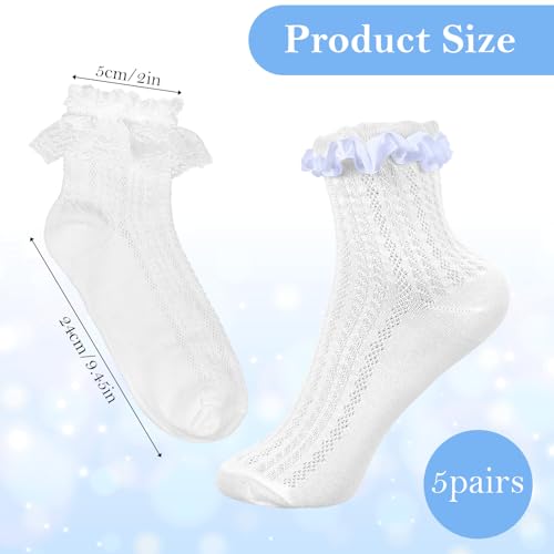 Image of CIATBYYJ 5 Pairs White Lace Socks Women, Elastic and Comfortable Frilly Socks Women, Lace Ruffle Sock Matching with Dresses, Skirts, Sneakers, Loafers, Durable Cotton Ruffled Sock for Womens
