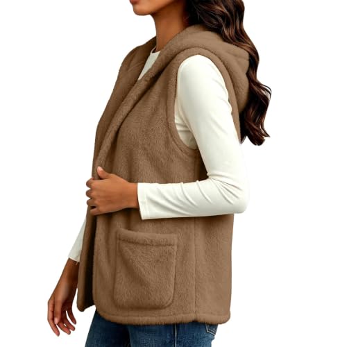Womens Hooded Fleece Vest Fuzzy Sleeveless Open Front Jacket with Pockets - image 6