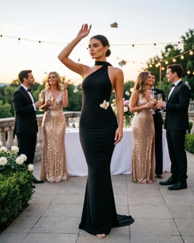 Image of Suillty Women's Sexy Oblique Shoulder Backless Maxi Dress Ruched Back Strap Sleeveless Party Club Long Dresses Bodycon