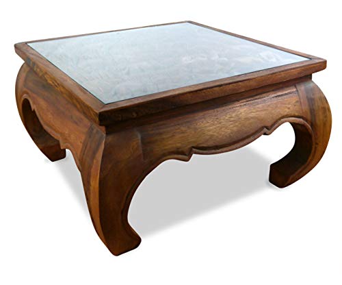 Preisvergleich Produktbild livasia Opiumtisch mit Glasplatte, Elefantenschnitzerei, Couchtisch, Wohnszimmertisch
