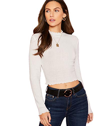 Floerns Women's Lettuce Trim Shirt Slim Fitted Long Sleeve Crop Tee Tops White S