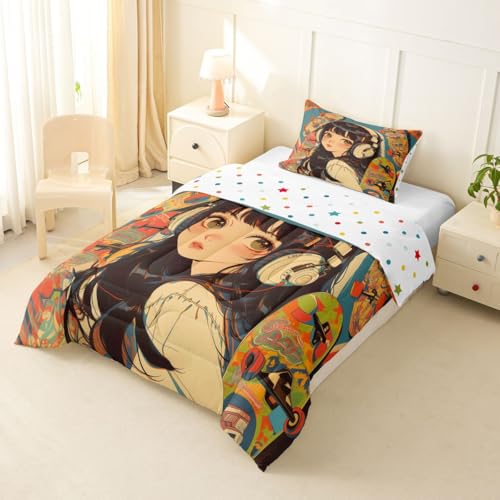 Image of Erosebridal 2Pcs Anime Bedding Fashion Street Girls Comforter Set 3D Cartoon Printed Comfortable Soft Bed Set for Kids Boys Girls Teens Tattoo Watercolor Art Japanese Style Duvet Set Twin Size