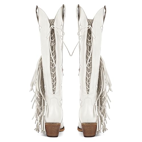 Image of richealnini Western Thigh High Cowboy Boots with Fringe Over Knee Wide Calf Cowgirl Boots