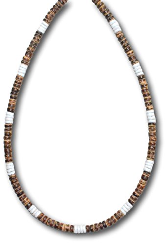 Native Treasure - 18 Inch Mens Tiger Brown Wood Coco Beads 4 White Heishe Puka Shell Surfer Necklace - 5Mm (3/16") #TOP19