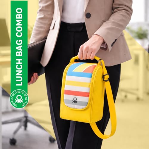 Image of United Colors of Benetton Lunch Bag Set with 3 Glass Containers | Insulated Leakproof Tiffin Bag for Office, School & Travel | Durable, Stylish, BPA-Free Food Storage Kit (Yellow-Blue)