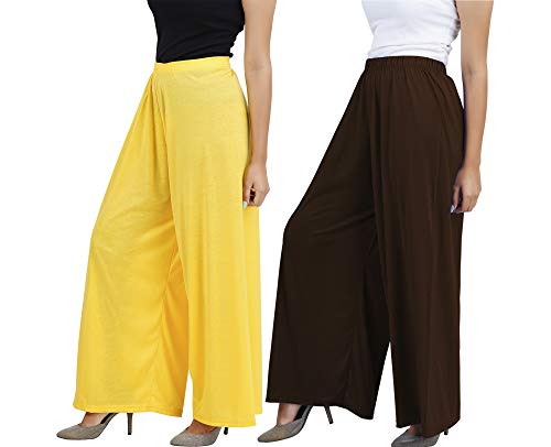 Image of Buy That Trendz M to 4XL Cotton Viscose Loose Fit Women M to 6XL Flared Wide Leg Palazzo Pants for Yellow Chocolate Brown 2 of Pack Combo XXX-Large