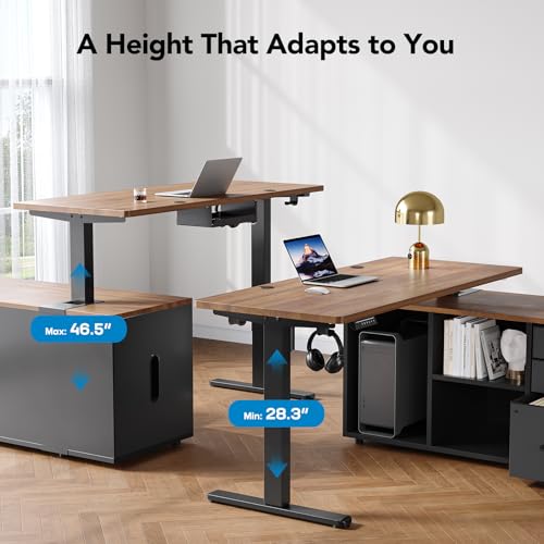Image of HUANUO 55 Inch L Shaped Standing Desk with Drawers, Electric Executive Desk with File Cabinet Sets, Adjustable Height Stand Up Desk, Home Office Computer Desk with 4 Memory Presets, Walnut
