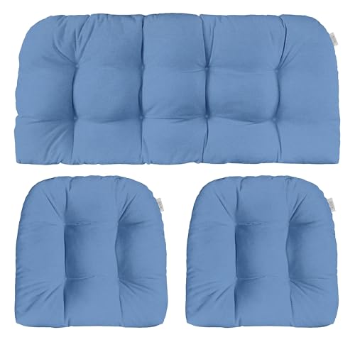 RSH DECOR Sunbrella 3-Piece Tufted Wicker Cushion Set | 41" x 19" & 19" x 19" | Crafted with Sunbrella Performance Fabric | Outdoor Loveseat & U-Shaped Seat Cushions | Cast Ocean Blue - Made in USA